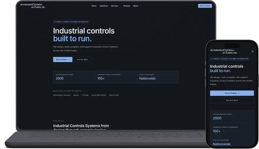 Automated Controls of Tampa home page on a laptop and a phone