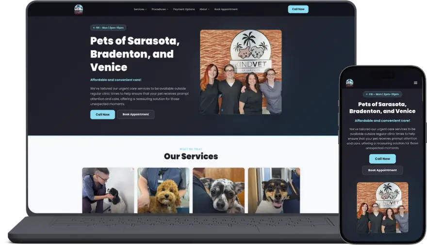 KindVet Sarasota home page on a laptop and a phone