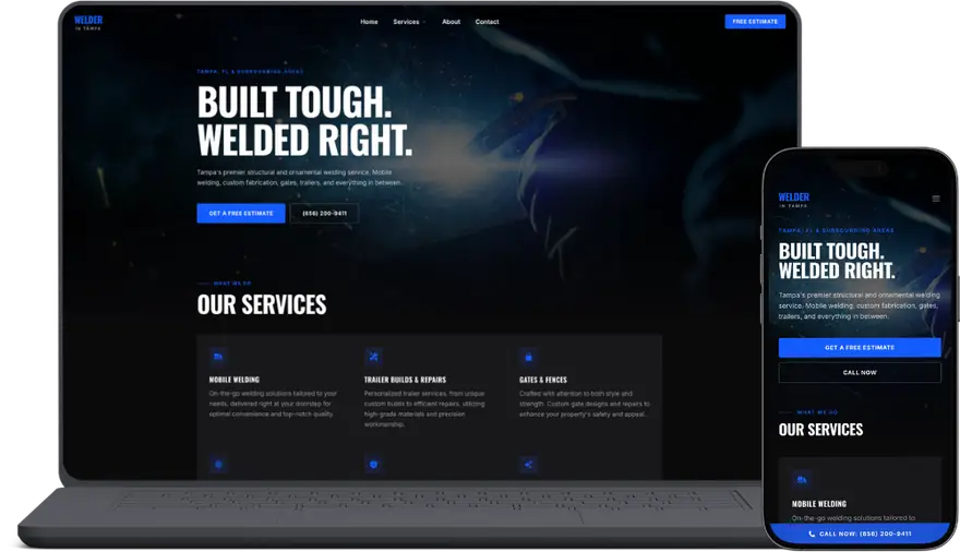 Tampa Welding home page on a laptop and a phone