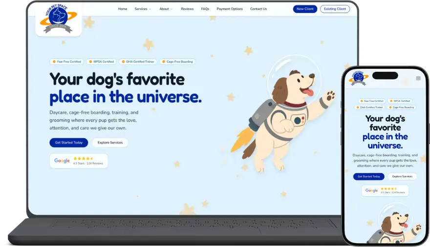 Your Pet Space home page on a laptop and a phone